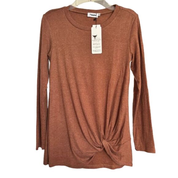 Yidarton Woman's S Comfy Front Twist Knot Long Sleeve Fall Orange T Shirt #Y - Picture 1 of 5
